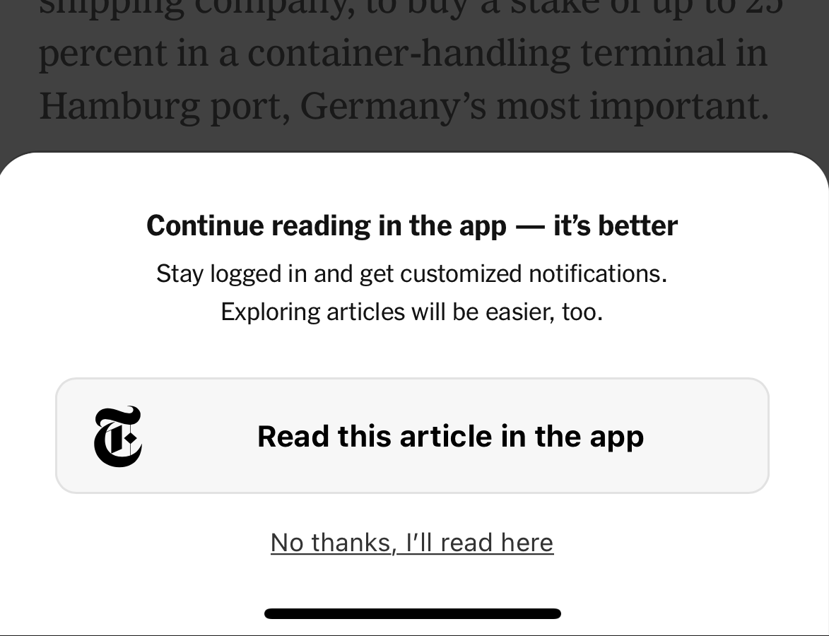 Message from NYT, saying to use mobile app.